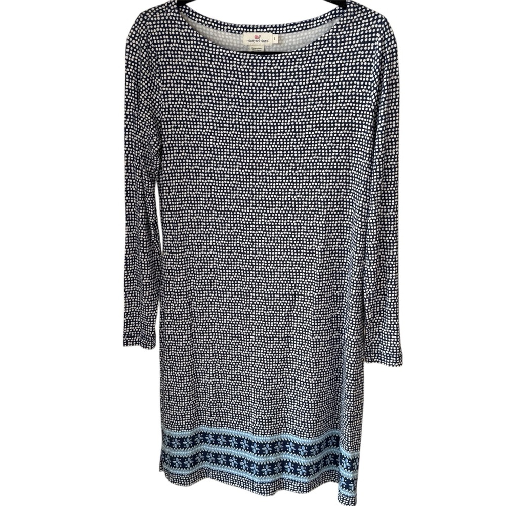 Vineyard Vines Navy & Light Blue Long Sleeve Shift Dress with Dot Print